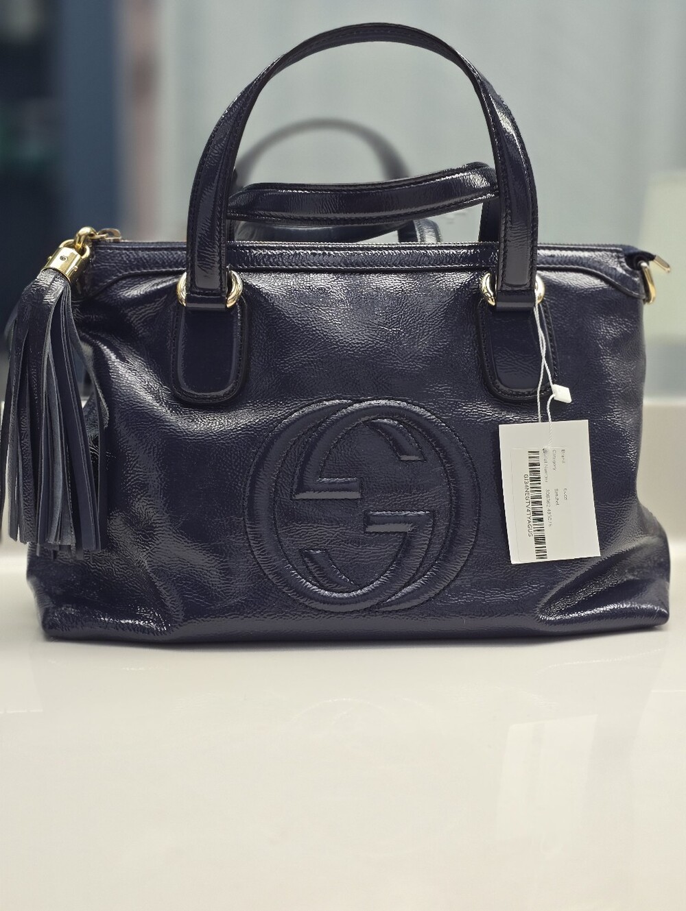 Gucci Soho Navy Patent Leather Medium Top-Handle Bag with Tassel